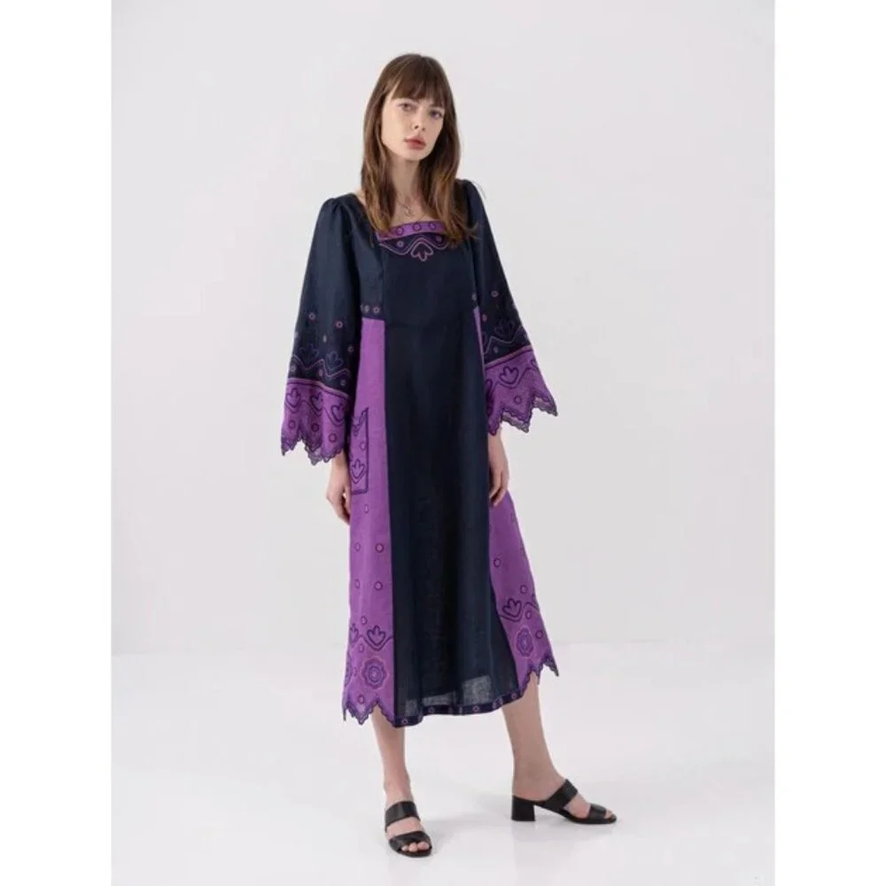 ETNODIM Embroidered Angel Sleeve Linen Navy Blue Violet Purple Maxi Dress XS 742 - Picture 2 of 7